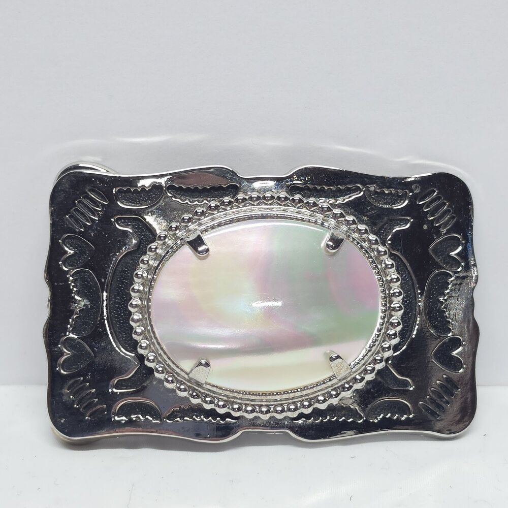 Vintage Women Mother Of Pearl Accent Silver Tone Metal Western Buckle Boho Chic